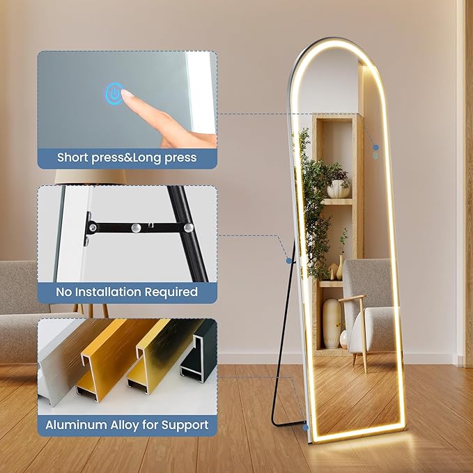 16"x60" Arched LED Full Length Mirror with Stand, Full Body Mirror | LED Lights 3 Color Lighting, Wall Hanging or Leaning, Floor Standing, Modern Simple Home Wall Decor