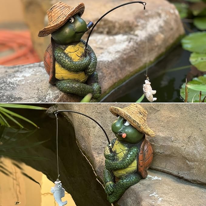 Turtle Decoration for Yard Outdoor Garden Decor 9.7 Inch Tall Fishing Turtle Statue for Koi Pond, Waterfalls or Poolside Ornaments, Fisher Animals Pond Decor, Gift for Mom & Women