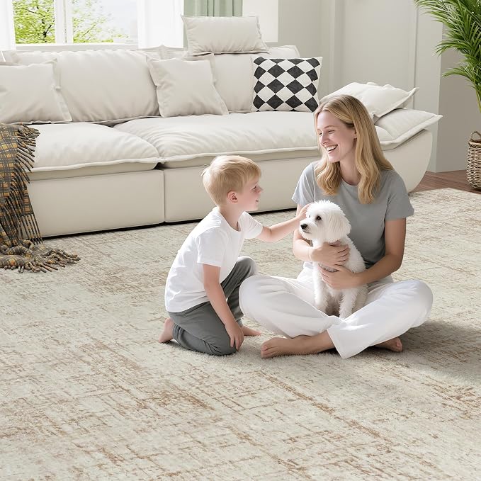 10x12 Area Rug for Living Room Bedroom: Non-Slip Modern Beige White | Machine Washable TPR Backing, Stain-Resistant Low Pile, Pet & Kid Friendly, Abstract Decor for Dining Room, Dorm, Home Office