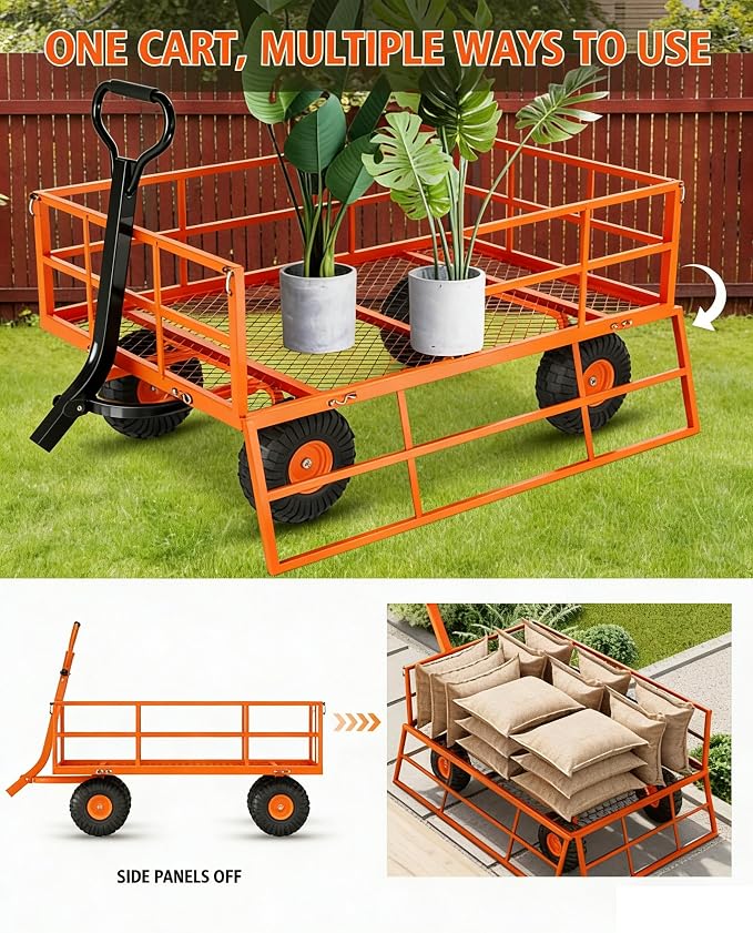 Garvee Steel Garden Cart, 1200 LBS Capacity Utility Outdoor Wagon, Heavy Duty Mesh Garden Wagon with Removable Sides, 2-in-1 Handle, 13" Tires for Yard, Lawn, Garden