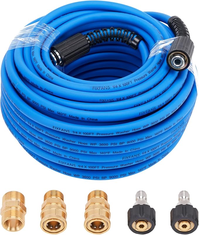 FIXFANS Pressure Washer Hose – 1/4" X 100 FT High Power Washer Extension Hose – Kink & Wear Resistant High Pressure Hose for Replacement – Compatible with M22 Fittings – 3600PSI