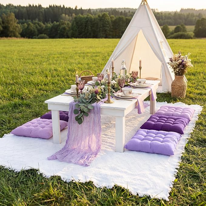 8 Pcs Fit for 6 People 91 x 71'' Extra Large Outdoor Picnic Blanket with Purple Table Runner and Floor Pillow Cushion Fit for 6 People Picnic Wedding Birthday Baby Shower Backyard Decor