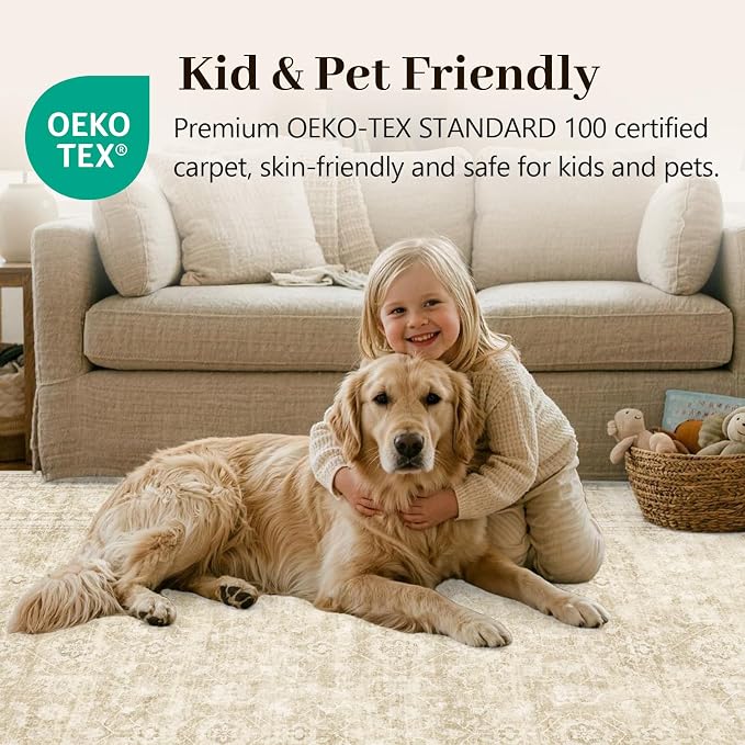 5x7 Ft Area Rugs for Living Room, Soft Non-Slip Machine Washable Rug, Vintage Stain Resistant Carpets for Bedroom Nursery Dining Room Home Decor (Beige)