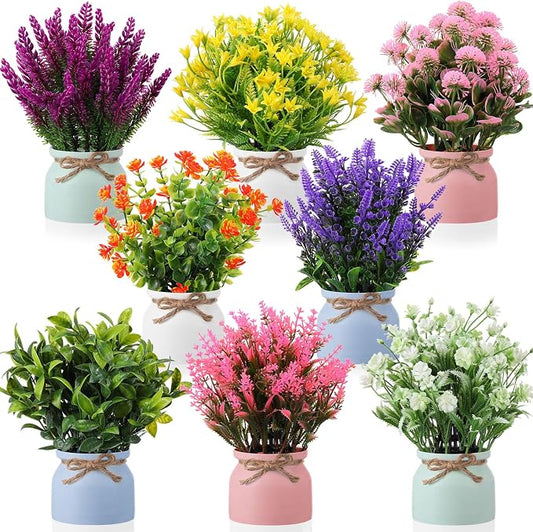 Cindeer 8 Pcs Small Artificial Potted Flowers Fake Potted Plants Plastic Faux Flowers for Home Decor Indoor Artificial Plants in Pots for Wedding Home Desk Tabletop Outdoor Office Kitchen