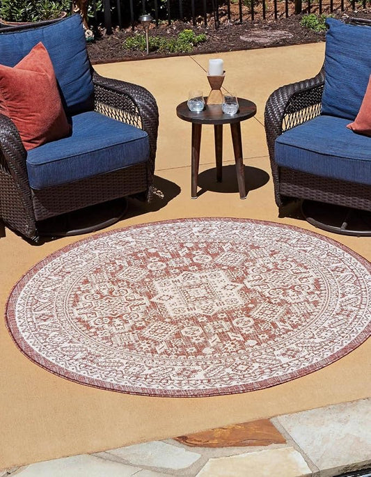Unique Loom Outdoor Aztec Collection Area Rug - Chalca (10' Round, Rust Red/ Ivory)