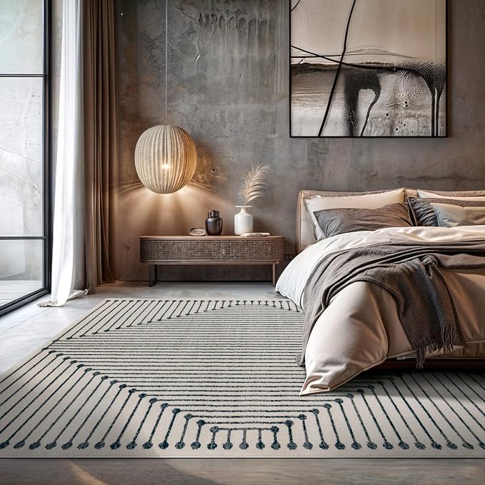 Rugshop Contemporary Bohemian Stripe Area Rug 7'10" x 10' Cream | Jute Backing, Soft Medium Pile, Stain Resistant, No Shedding, Living Room, Dining Room, Family Room, Great Room, Basement
