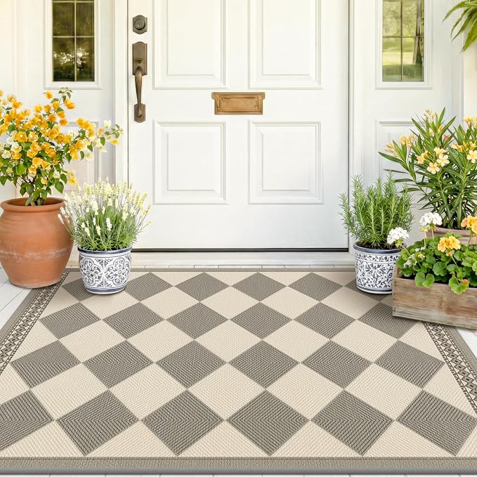 Gray and Cream Checkered Easy Jute 3x5 Outside Area Rug Outdoor Porch Decor, Entryway Rugs Indoor Diamond Geometric Pattern Mat, Patio, Backyard or Entry, Boho Farmhouse Style Washable Non Skid Mat