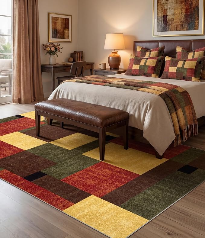 Red and Green Area Rug 6x9 for Living Room,Burgundy Farmhouse Rugs Washable, Burnt Orange Vintage Rug Non Slip,Geometric Boho Area Rug for Kitchen,Dining Room,Bedroom