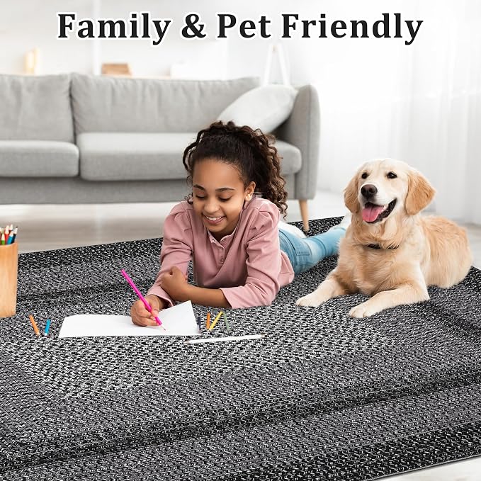 RUGSREAL Washable Bedroom Rug 4x6 Living Room Braided Print Floor Cover | Dining Room Throw Carpet with Rubber Backing Farmhouse Rustic Accent Rugs for Living Room Home Decor, Black