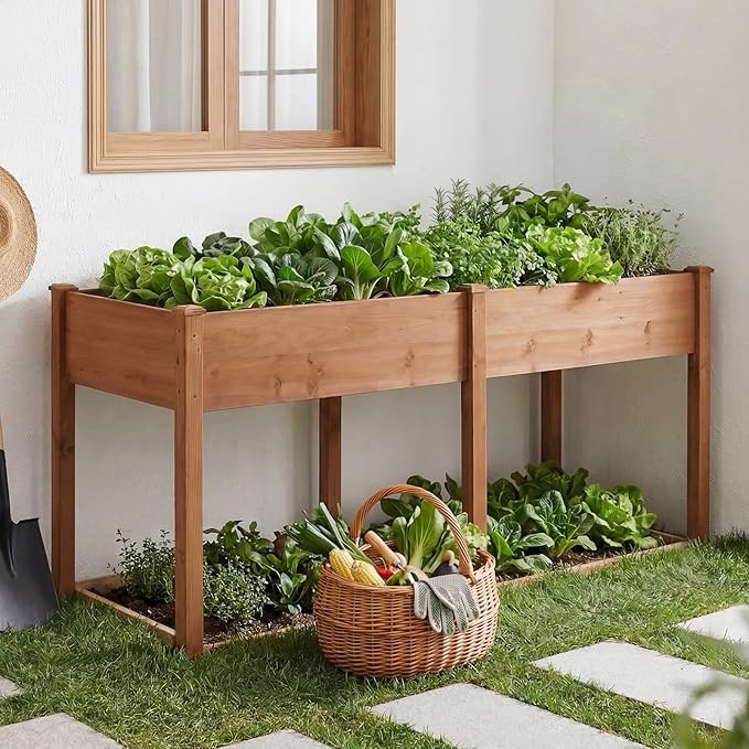 DUMOS Raised Garden Bed 72x23x30 Inch, Outdoor Planter Box with Legs, Elevated Wood Garden Bed with Liner for Herbs Flowers Vegetables, Wooden Planter Box for Patio, Balcony, Backyard, Brown