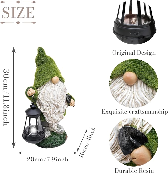 TERESA'S COLLECTIONS Garden Gnomes Outdoor, Green Resin Solar Gnome Decorations for Yard Patio Porch Outside, Gnome Gifts for Mom and Women,12"