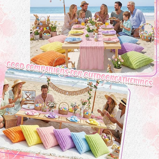Beeveer 14 Pack Picnic Kit 91x71 Extra Large Outdoor Boho Picnic Blanket with Pastel Table Runner, 6 Throw Pillow Covers 6 Napkin Woven Cotton Yarn Oversize Washable Beach Blanket for Camp Wedding