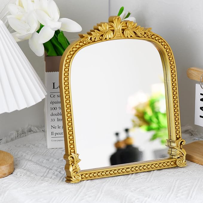 Gold Plastic Arched Makeup Mirror, Standing, Hanging or Wall Mount, Bathroom, Living Room, Bedroom Gold Decorative Mirror (10.6x8.6 inch)