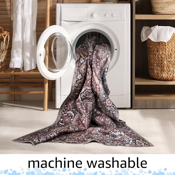 Keen Home Design Vintage Washable Area Rug, Non-Slip Low Pile, 6x9 | Machine Washable Cotton Chenille, 0.25In Low Pile, Rubber Non-Slip Back; Living Room, Dining Room, Bedroom, Office