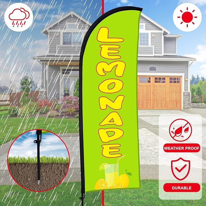 Buryeah Lemonade Feather Flag for Business Advertising 7 x 5.4ft Feather Flag Sign with Flagpole Ground Stake Portable Bag Lemonade Themed Banner with Rope for Outside Garden Business Party(Green)