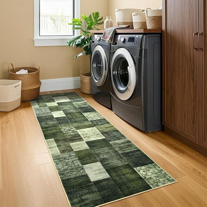 Runner Rug for for Hallways, 2'x6' Washable Kitchen Rugs with Non Slip Rubber Backing, Soft Low Pile Non-Shedding Geometric Carpet for Laundry Bedroom Bathroom, Green