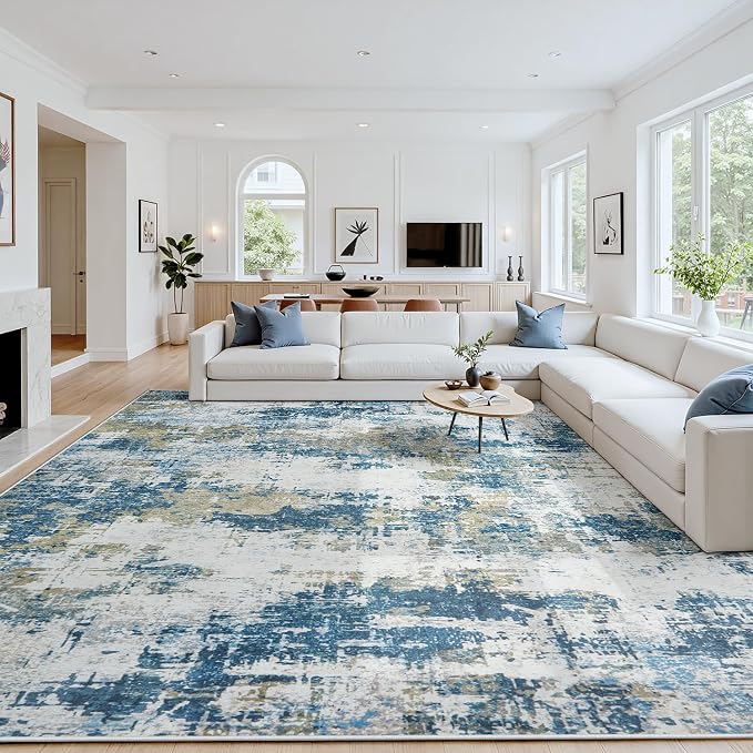 10x14 Area Rugs for Living Room: Washable Soft Blue Abstract Bedroom Carpet | Non-Slip TPE & Stain Resistant,0.25" Low-Pile,Kids Pet Friendly Modern Decor for Dining Room Farmhouse Office, Non-Shedding