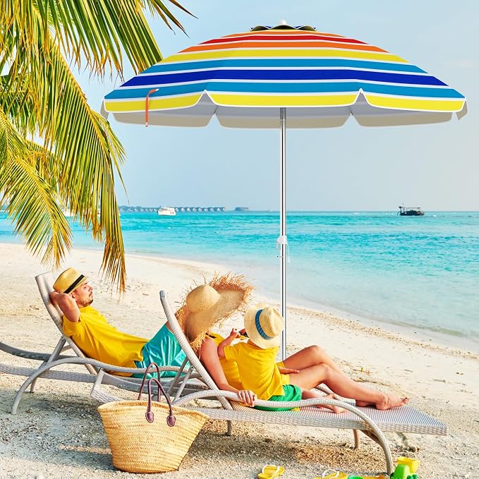 Tangkula 6.5ft Outdoor Beach Umbrella with Sand Anchor, Patio Umbrella with Push Button Tilt & UPF 50+ Protection, Portable Sunshade Umbrella with Carry Bag for Garden Beach Outdoor (Rainbow)