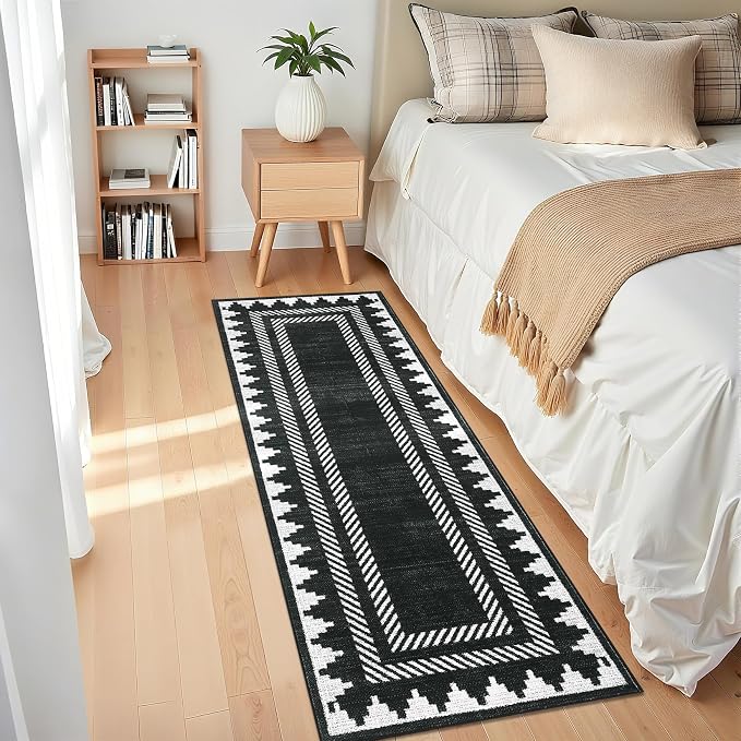 GarveeHome Modern Geometric Runner Rug 2x6 Washable Hallway Runner Rugs Black Unique Bordered Neutral Accent Rug Non Slip, Non Shedding Low Pile Kitchen Mat, Soft Low Pile Neutral Carpet for Laundry