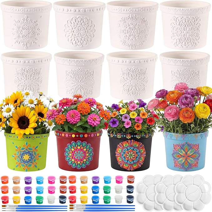 Zubebe Paint Your Own Ceramic Pots Bulk Unfinished Succulent Pots Craft Kit with Drainage Hole Mini Paintable Plant Vase Ready to Paint Planter for Cactus Purple Mandala DIY Craft Painting