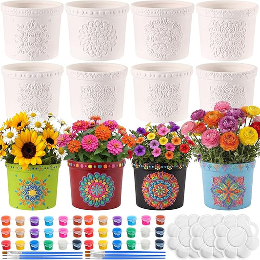 Zubebe Paint Your Own Ceramic Pots Bulk Unfinished Succulent Pots Craft Kit with Drainage Hole Mini Paintable Plant Vase Ready to Paint Planter for Cactus Purple Mandala DIY Craft Painting