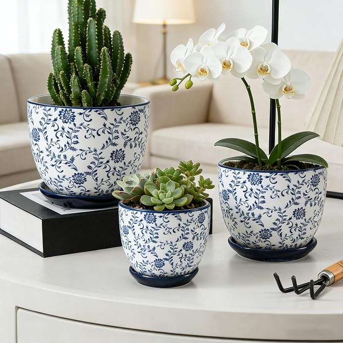 Ceramic Plant Pots - 3.5+4.6+5.6 Inch Flower Pots with Drainage Holes and Saucers - Planters for Indoor Plants Orchid, Herbs, Succulent, Cactus, Home Decor, Set of 3, Vintage Blue, Floral