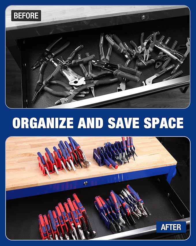 WORKPRO 4-Pack Plier Organizer Rack, 40-Slot Tool Organizer and Storage | Large Capacity Plier Holder, Non-Slip Rubber Base, High-Strength Plastic, Extendable Tool Box Organizer, Pliers Not Included