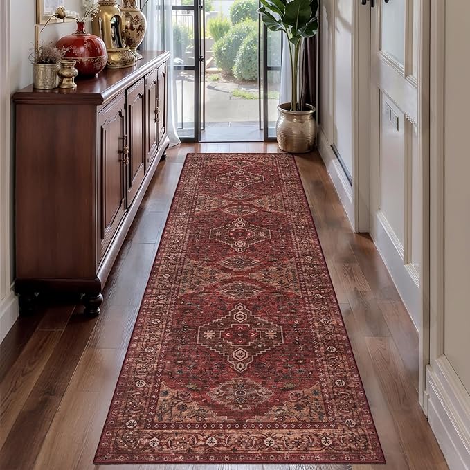 Tangsoo Red 2.6x10 Washable Hallway Runner Rug, Boho Non Slip Runner Rug | Oriental Soft Low Pile Long Rug Runner, Vintage Carpet Runners for Hallway Kitchen Bedroom Entryway Living Room Dark Red