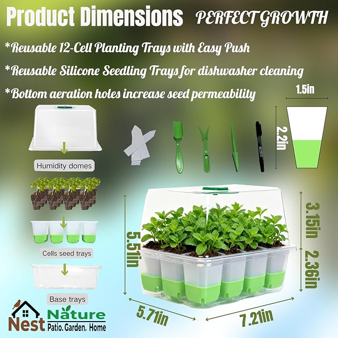 NestNature 5-Pack Seed Starter Tray Set|60-Cell Flexible Germination Trays | Reusable Seed Trays W/Humidity Dome & Lids For Plants, Flexible Pop-Out Design&Dishwasher Safe For Herbs,Vegetables,Flowers