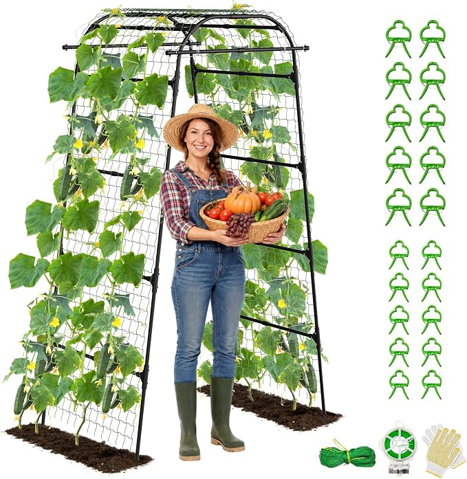 Heavy Duty Garden Arch Trellis for Climbing Plants, 20mm Thick Rustproof Metal Frame, Easy Assembly No Tools, 7.2ft Tall Vine Support with Netting & Gloves for Cucumbers Beans Roses