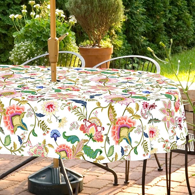 Outdoor Tablecloth with Umbrella Hole and Zipper, Oval Patio Table Covers for Spring/Summer, Machine Washable Outdoor Picnic Table Cloth (Jacobean Floral, 60" × 102" Oval)
