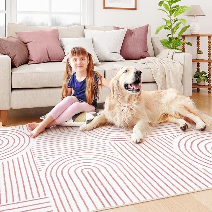 Lahome Abstract 4x6 Pink Rug for Bedroom Nursery, Pink Soft Washable Rugs