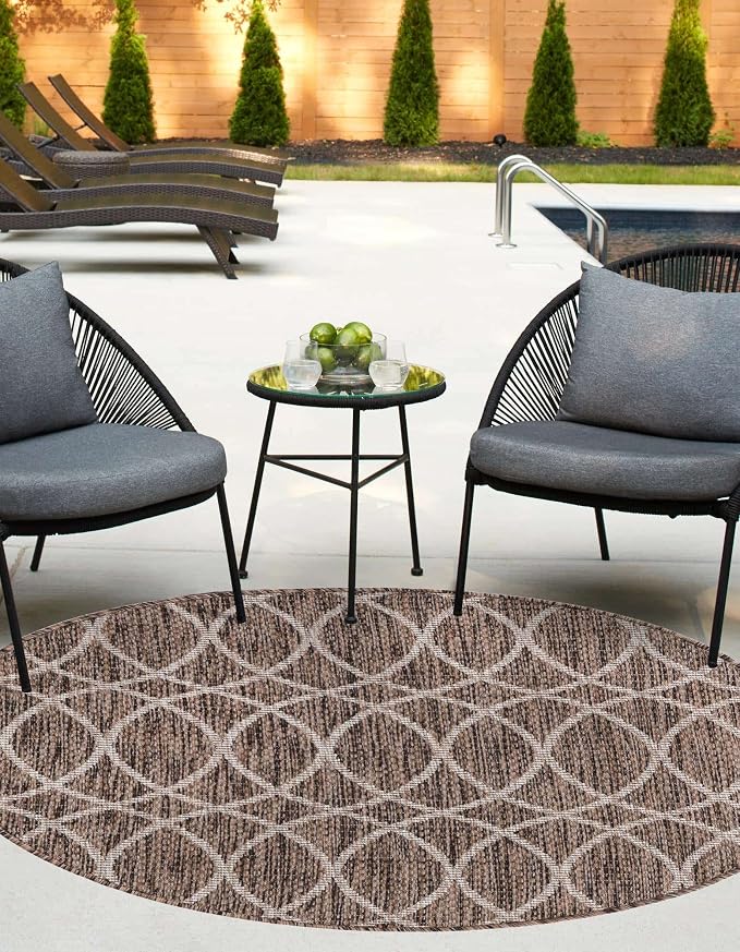 Unique Loom Outdoor Trellis Collection Area Rug - Gitter (3' 1" Round, Brown/ Ivory)