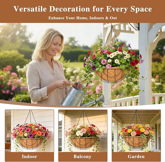 4 Pack Hanging Planter for Outdoor Plants 14 inch Metal Hanging Flower Basket with Coco Coir Liner Round Wire Plant Holder Chain Flower Pots Outdoor Garden Decoration Watering Hanging Baskets（DQ）