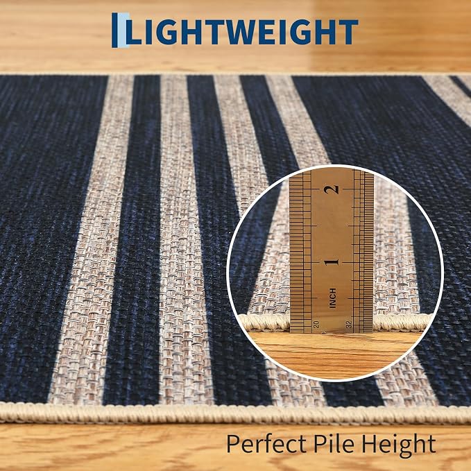 Garvee 5x7 Area Rugs Easy Jute Washable Rugs Living Room, Navy | Modern Line Print Area Rug Stain Resistant Easy Cleaning Throw Rugs Non Shedding Low Pile Floor Cover for Nursery Dining Room