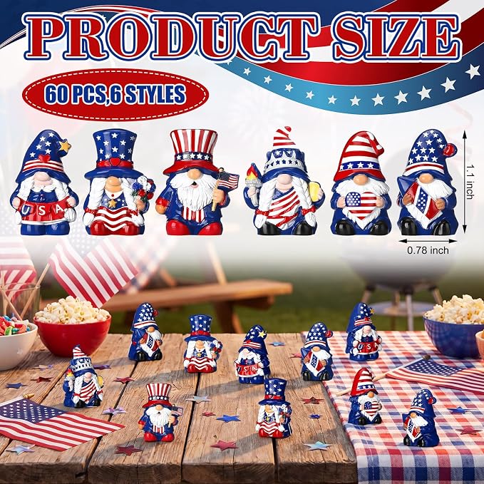 Yaomiao 60 Pcs Mini Resin 4th of July Gnomes Figurines Bulk Small Resin Patriotic Gnome 250th Anniversary Miniature Gnomes USA America Independence Day Decoration for Table Landscape Tiered Tray Decor
