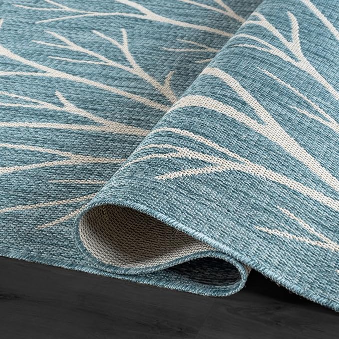 Washable Indoor Outdoor Rug 10x14 Modern Area Rugs Branch Pattern Non Shedding Waterproof Easy Clean Patio Deck Porch Living Room Bedroom Garden RV (10 X 14 Aqua)