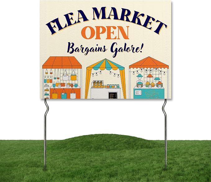 Flea Market Open - Bargains Galore! Yard Sign by DC | 24"x18" Double Sided Conv. Store Garden Sign with 13” Metal Stakes | Outdoor Signs Waterproof for Lawn, Patio, Sidewalk & House | Set of 3