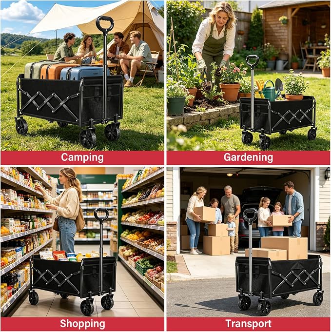 Folding Wagon Cart with All-Terrain Wheels – Heavy Duty Collapsible Utility Wagon for Grocery, Sports, Garden, Camping, Shopping (Black 330LBS)