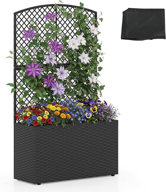HAPPYGRILL Raised Garden Bed with Trellis, 49" Wicker Planter Box w/Privacy Screen, Liner, Drainage for Patio Balcony, Outdoor PE Rattan Elevated Garden Bed for Climbing Plant Vine Flower (Black,1)