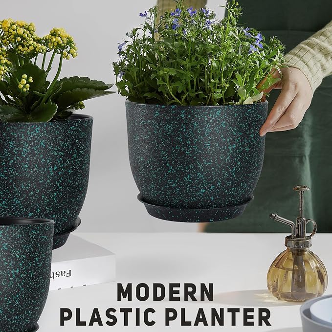 YNNICO Plant Pots 10/9/8/7.5/7 inch Set of 5,Flower Pots with Multi Mesh Drainage Holes, Large Planters for Indoor Outdoor Garden Plants and Flowers. (Green Speckles)