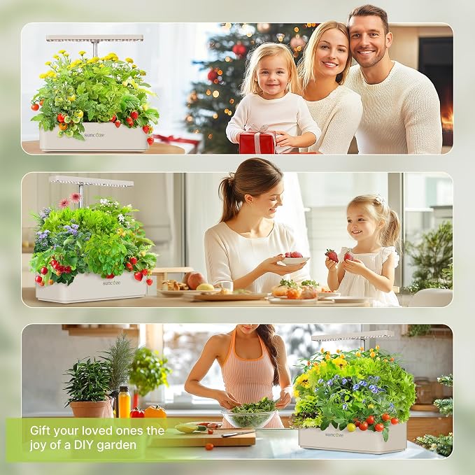 SUNCOZE Hydroponics Growing System, Compact 12 Pods Indoor Garden, Beige | 24W LED Dimmable Grow Light, 4L Water Tank with Quiet Pump, Adjustable Height Herb Garden Planter Indoor Kit, Gardening Gifts