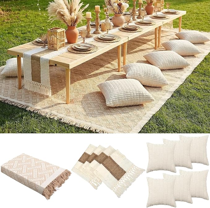Beeveer Extra Large Outdoor Boho Picnic Blanket 150'' X 71'' Beige White Table Runner 6 Throw Pillow Cover Woven Cotton Yarn Oversize Beach Blanket Washable for Picnic Camp Wedding