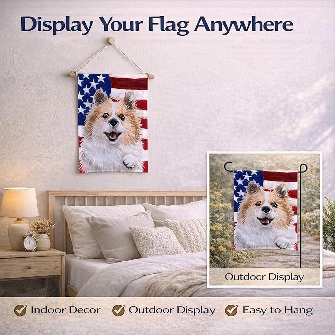 Caroline's Treasures CK6566GF Icelandic Sheepdog Dog American Flag Garden Flag Mailbox Flag Decorative Yard Flag Banner Outside Patio Artwork Yard Flower Beds, Garden Size, Multicolor