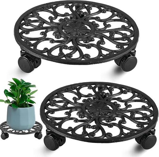 2 Packs 11 Inch Rolling Plant Stand with Wheels Wrought Iron Rolling Plant Stand with Casters Heavy Duty for Indoor Plants Rollers Potted Plant Mover, Metal Round Plant Dolly