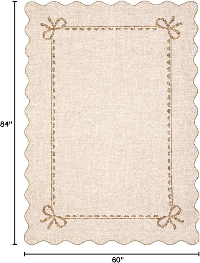 GarveeHome Scalloped Bow Rug 5x7 Washable Beige Rug for Bedroom Living Room | Non Slip Soft Low Pile Indoor Carpet for Nursery Girls Bedroom Decor Hallway Kids Room College Dorm Playroom