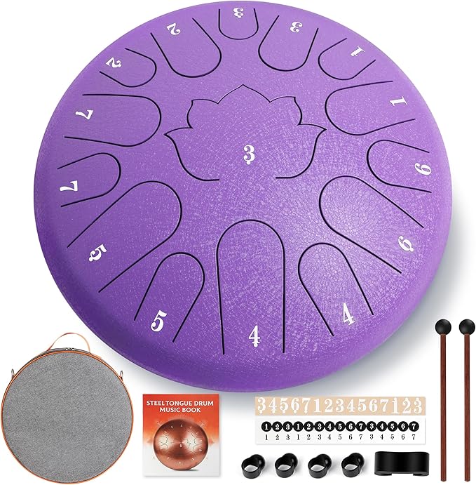 Rain Drum for Outside - 15 Note 12 Inch Steel Tongue Drum - Handpan Drum for Meditation and Beginners with Music Book, Rain Drum Mallet, and Carrying Bag(Purple, 12 lnch)