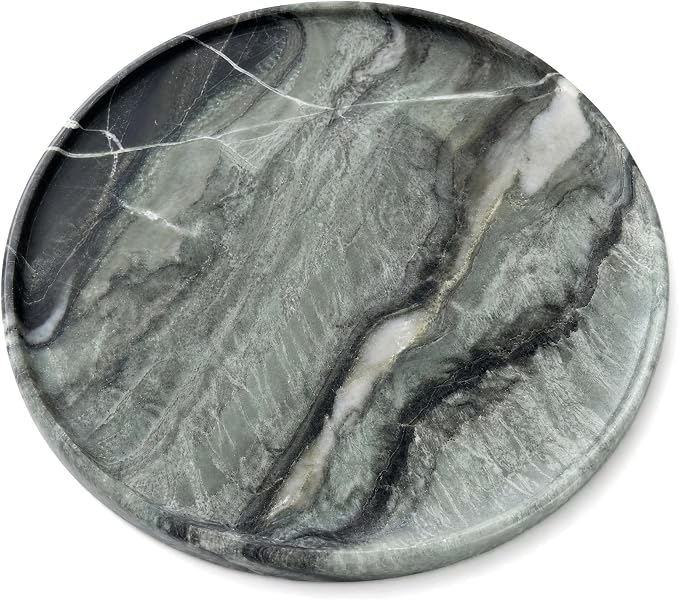 Real Natural Marble Round Tray 10.2in Solid Stone Decorative Plate | 26cm Luxury Green Marble Decor Tray for Candle, Jewelry, Plant. Food-Safe Solid Stone Serving Dish with Unique Veining