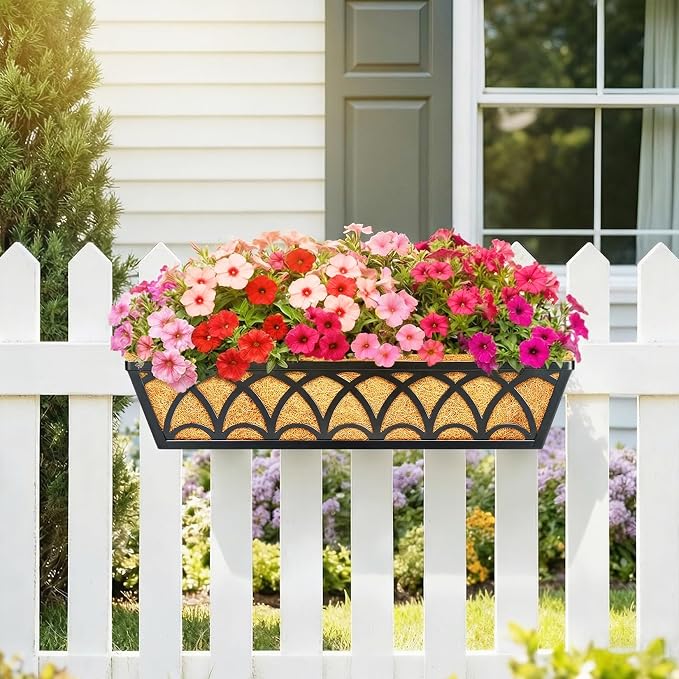 24 Inch Railing Planter Box Window Boxes Planters - 6 Pack Deck Railing Planter Boxes with Adjustable Brackets Coco Liners Balcony Planters Railing Hanging for Window Flower Boxes Outdoor Garden Decor