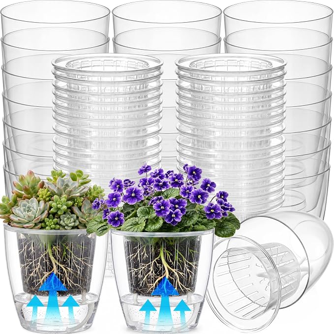54 Pcs Self Watering Pots 4.3 Inch Plastic Flower Plant Pot with Inner Pot Self Watering Wick Planter White Clear Flower Pots for Indoor House Plants Herbs, Flowers, Succulents (Transparent)
